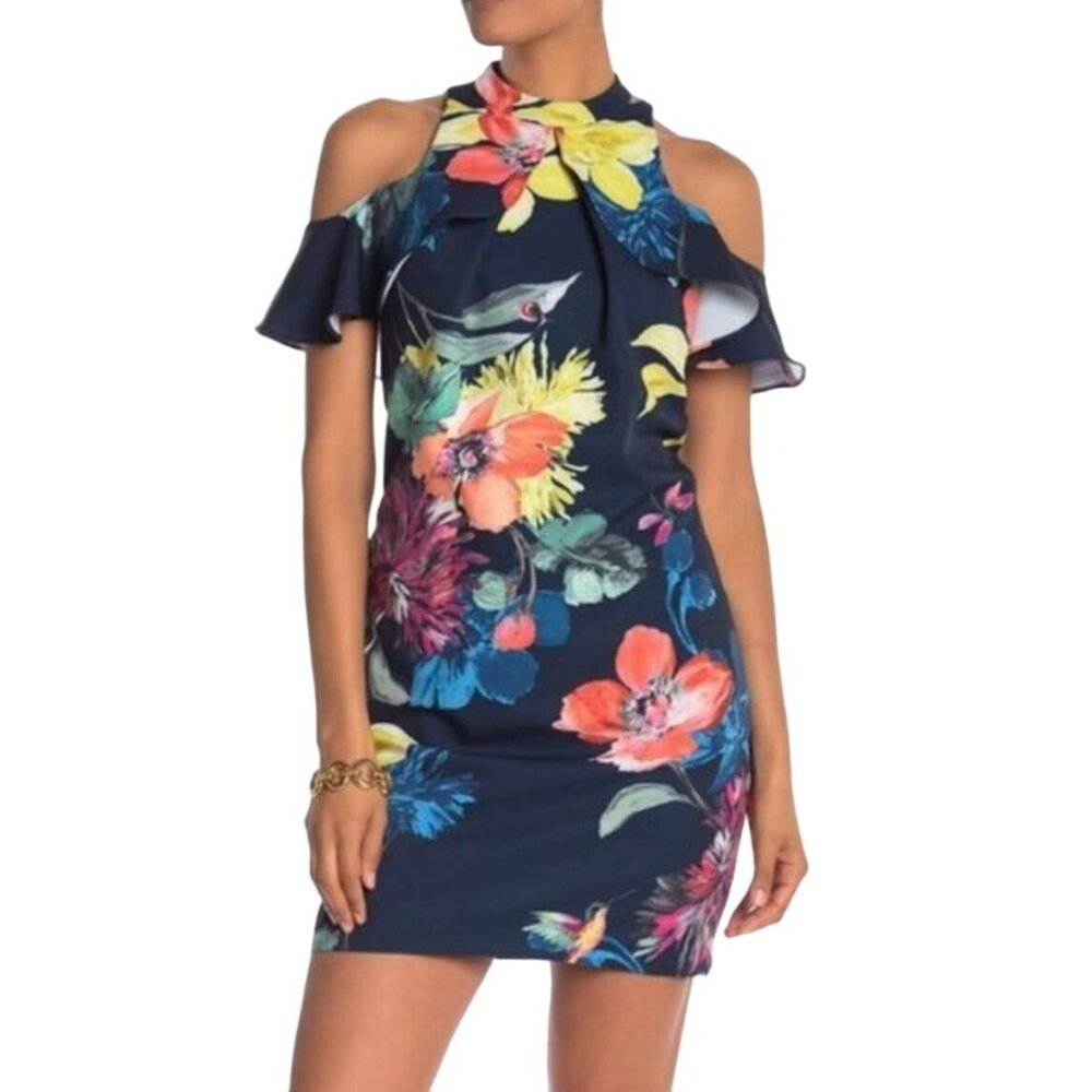 New Trina Turk Cold Shoulder Floral Navy Sheath Dress Size 2